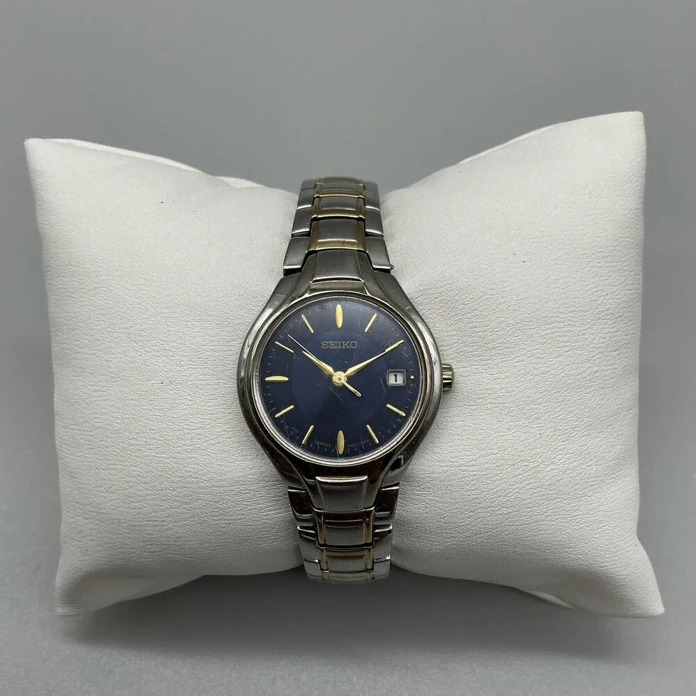 Seiko Womens Watch 25mm Blue Dial Two Tone Date 7N82-0DR0 New Battery 5.75